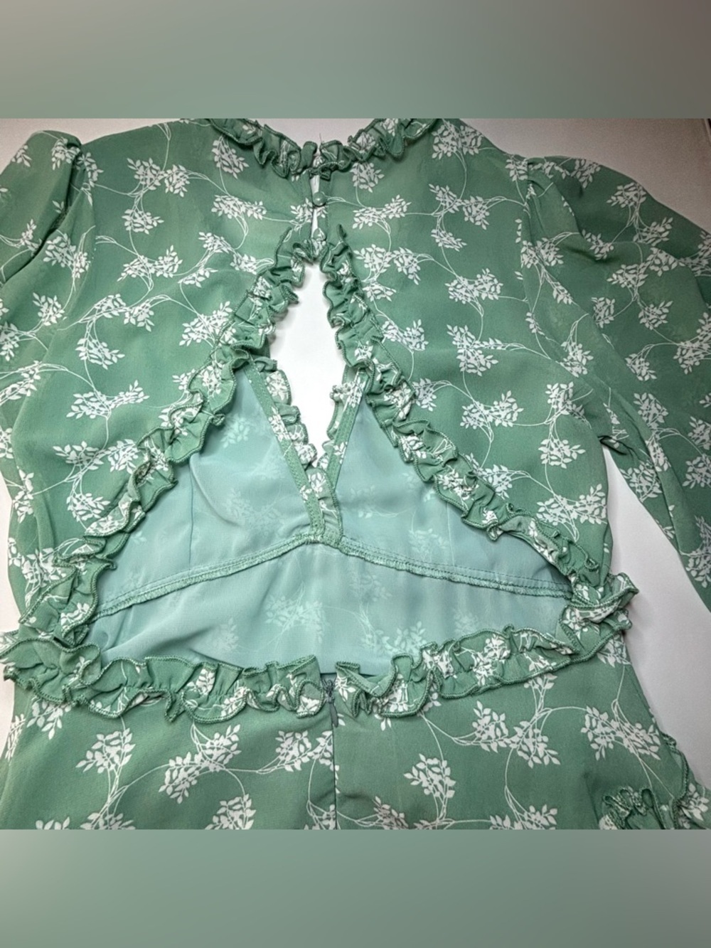 Aura Floral Ruffle Mini Dress Sage Green Boho Open Back Long Sleeve Large - Picture 11 of 15